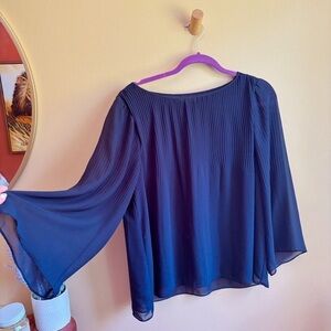 Max Studio Navy Pleated Yoke Long-Sleeve Blouse